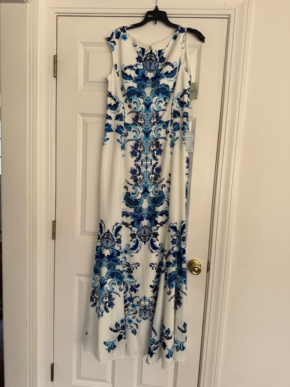 Eliza J White Maxi Dress with Blue Floral Medallion Print